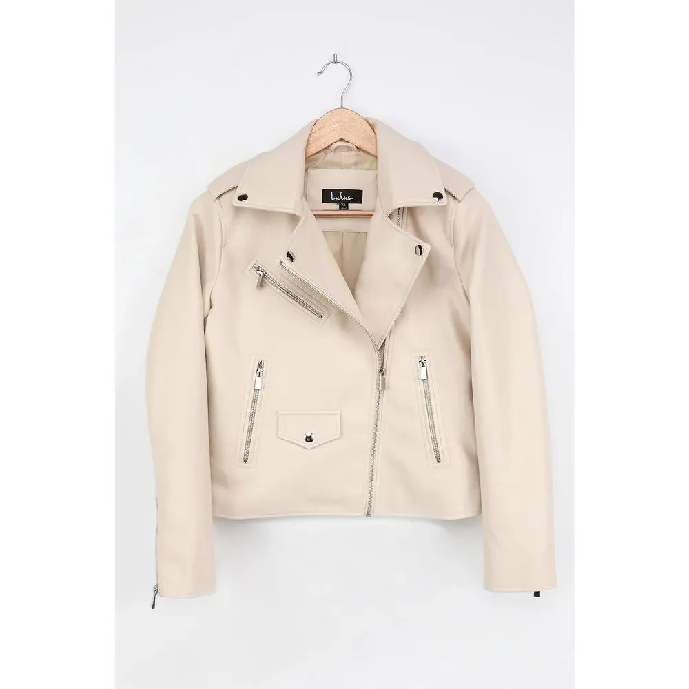 Lulus Out for the Night Beige Vegan Leather Moto Jacket S NWT